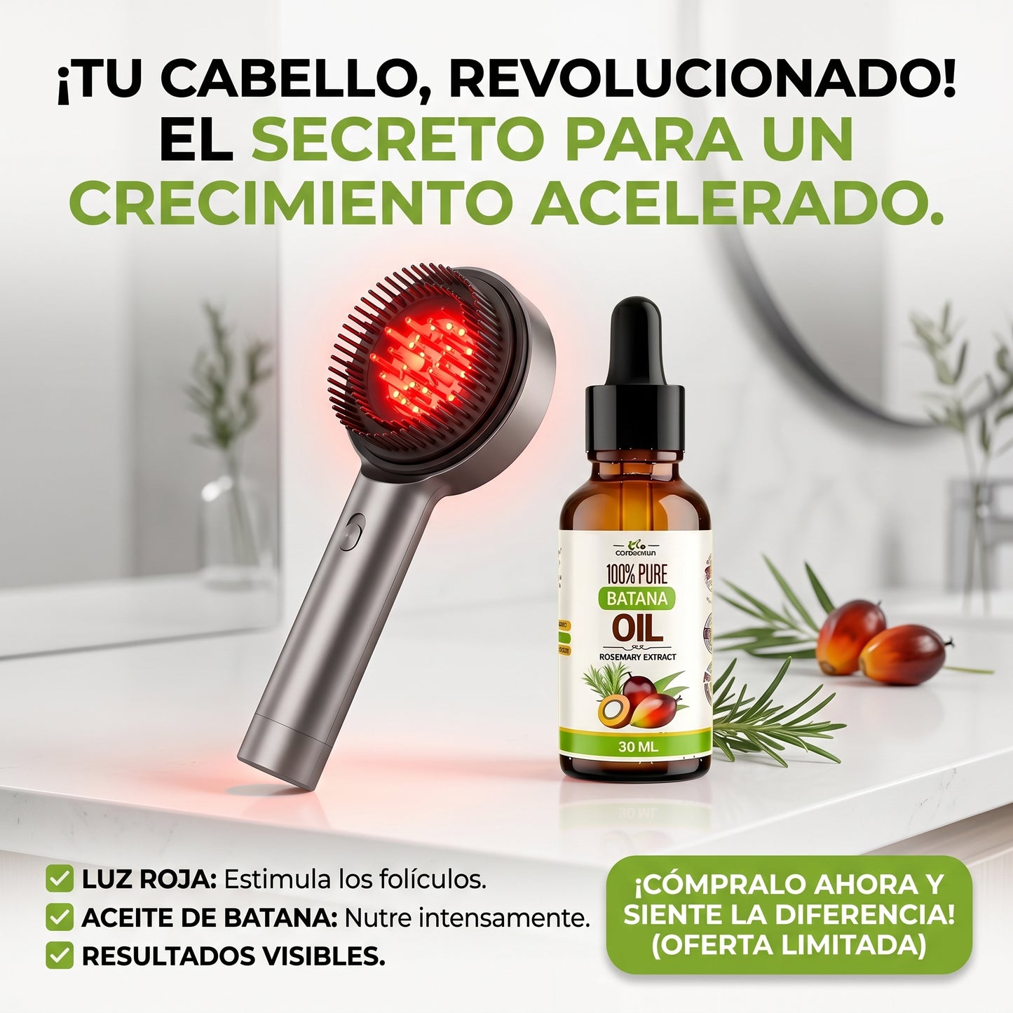 Cepillo Capilar Luz Roja - Terapia de Luz y Aceite - Cabello Más Fuerte y Brillante Desde la Raíz