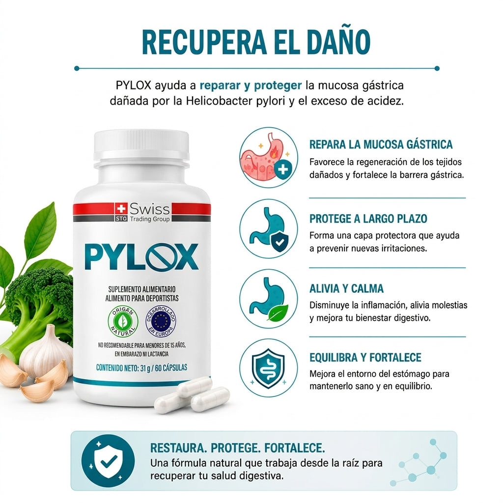 Pylox™ - Reduce Inflamación Abdominal, Acidez y Reflujo por Helicobacter Pylori