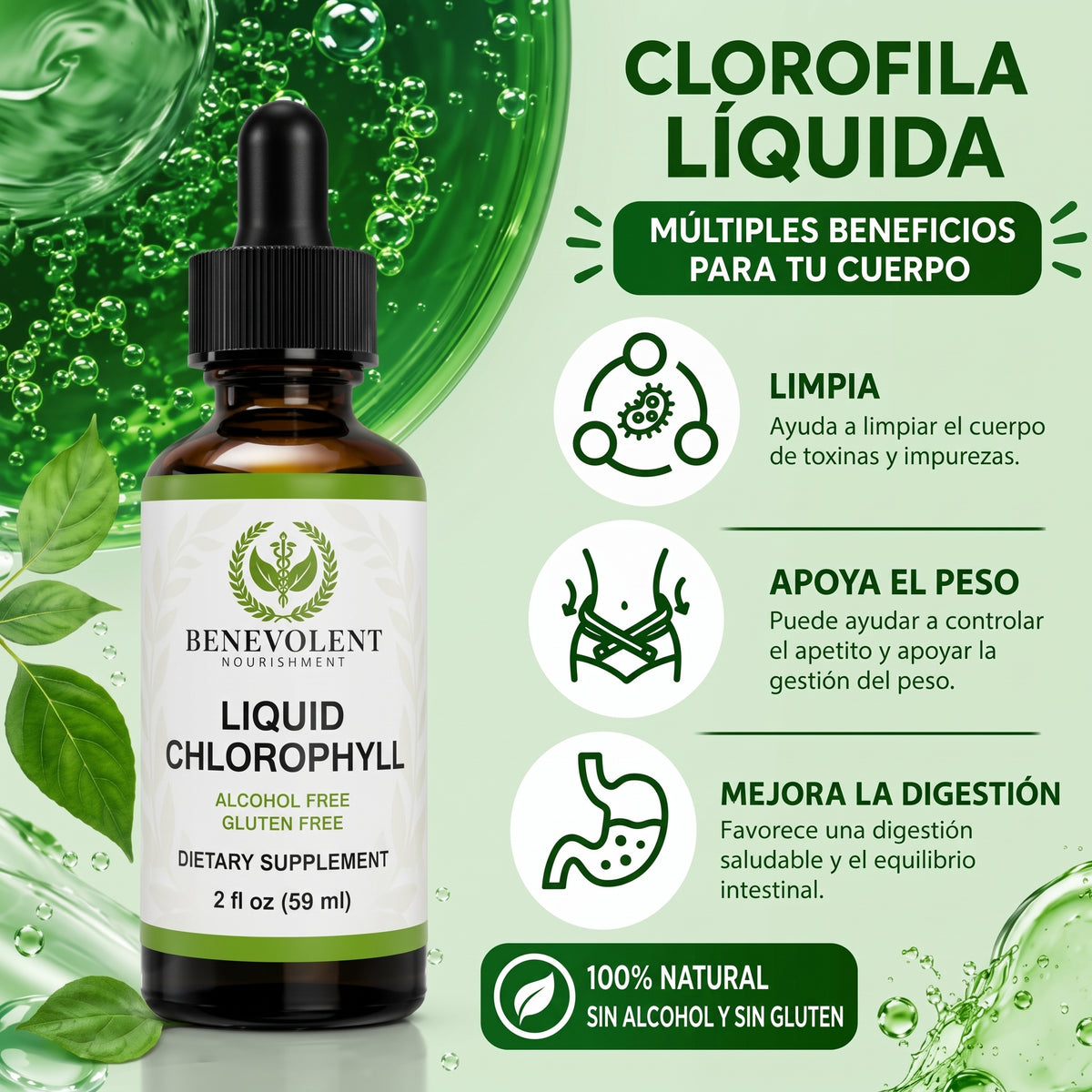 CLOROFILA BENEVOLENT - Rebaja y Desinflama Naturalmente - Frescura y practicidad para tu rutina diaria