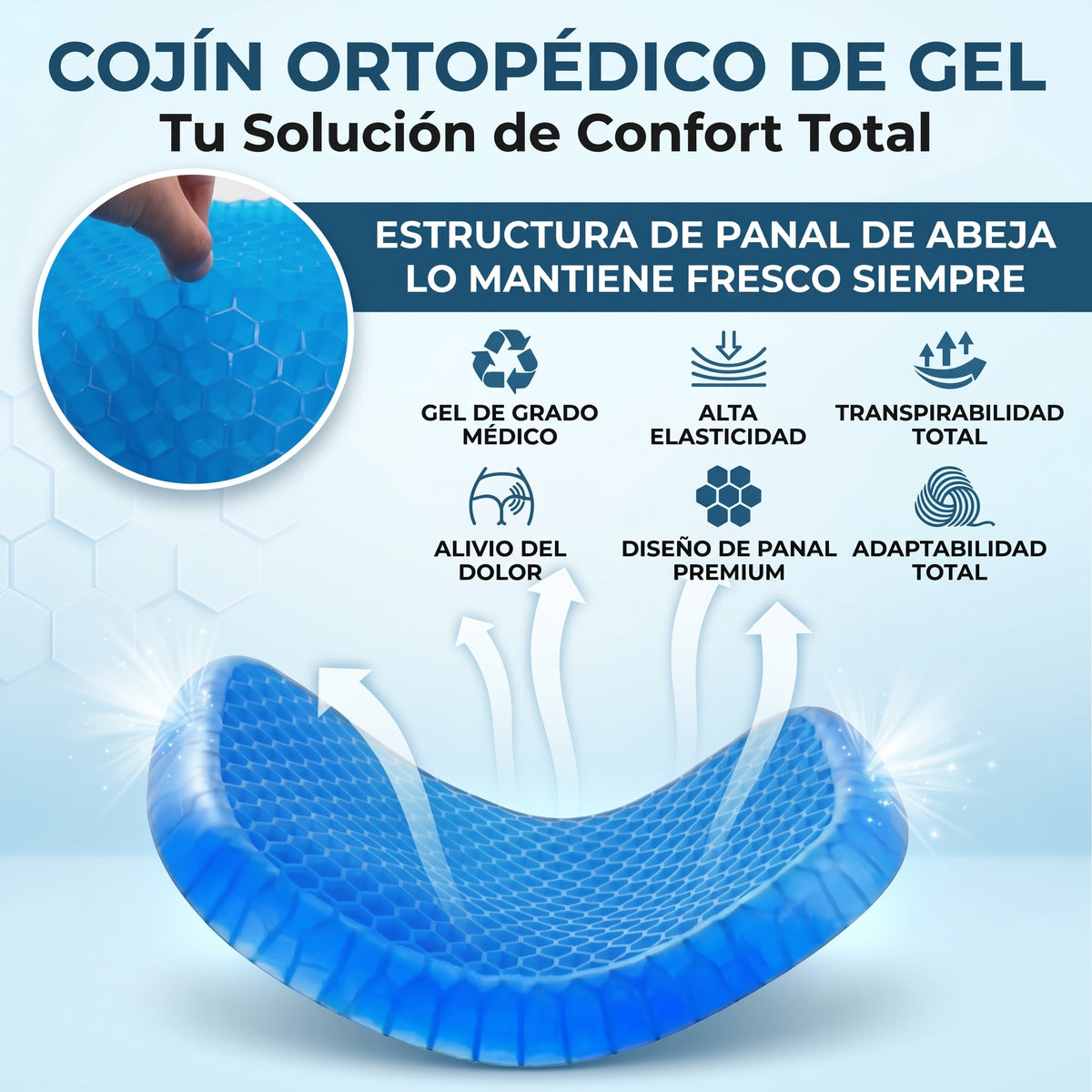 COJÍN ORTOPEDICO DE GEL - Soporte Ergonómico para Asiento - Siéntate con mayor comodidad durante horas