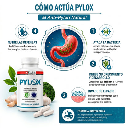 Pylox™ - Reduce Inflamación Abdominal, Acidez y Reflujo por Helicobacter Pylori