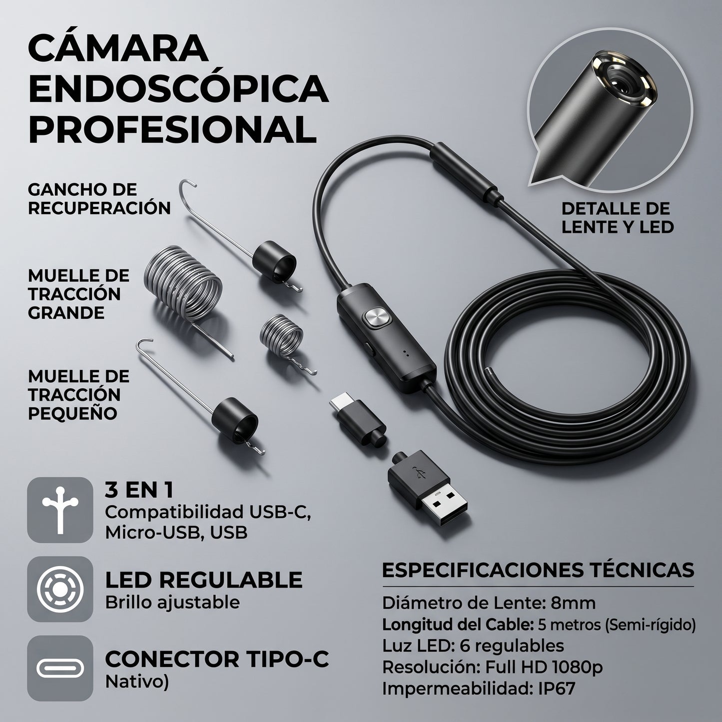 Cámara Endoscópica - Inspección Profunda - Ve Donde Tus Ojos No Llegan en Segundos