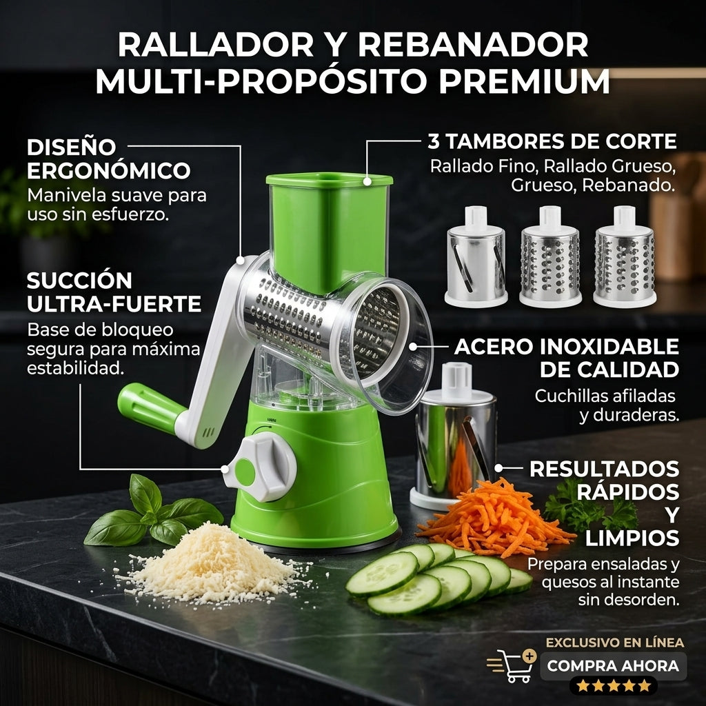 RALLADOR MULTIUSO - Ralla, rebana y tritura - Cocina más rápido y mantén tus manos alejadas de las cuchillas
