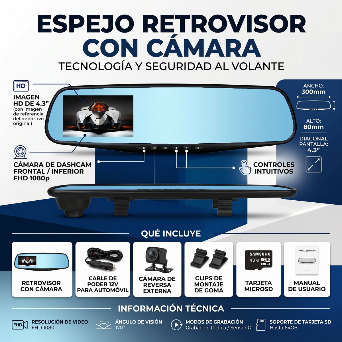ESPEJO RETROVISOR CON CAMARA - Graba y visualiza - Conduce con más confianza