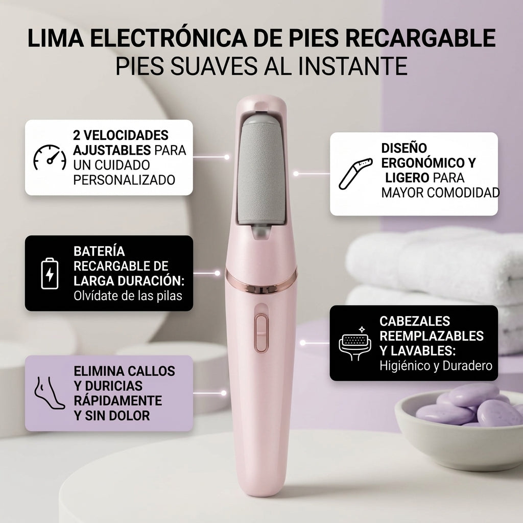 LIMA ELECTRONICA PARA PIES RECARGABLE - Suaviza durezas y talones ásperos en casa