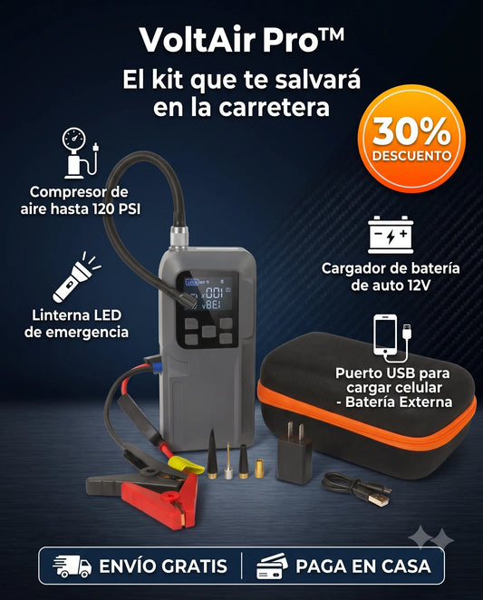 VoltAir Pro™ - 4 en 1 - Cargador, Compresor, Linterna y Batería Externa Integrada