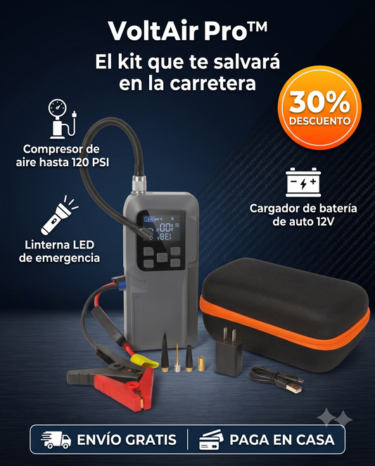 VoltAir Pro™ - Cargador y Compresor Automotriz Inteligente – Resuelve Panas en Minutos