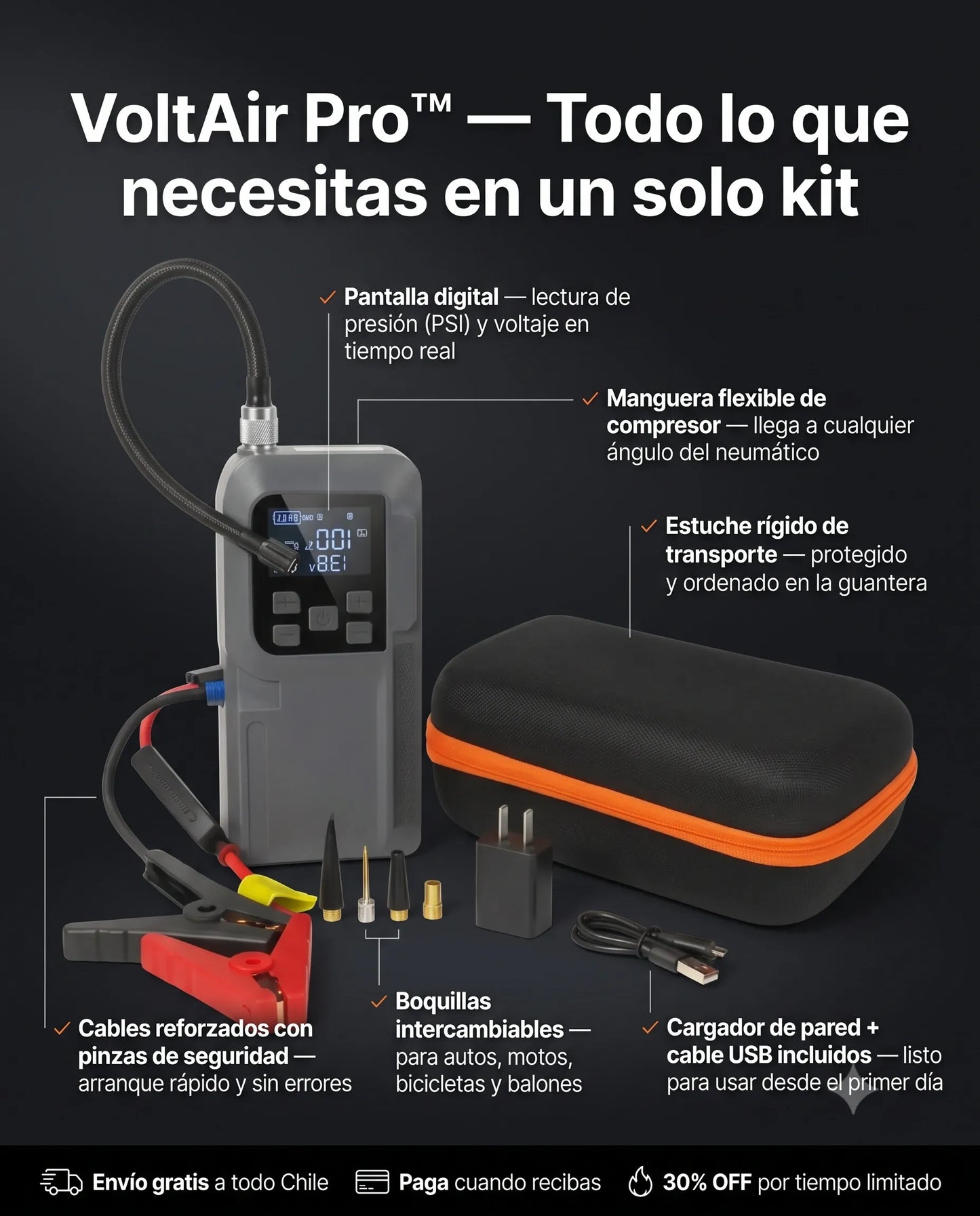 VoltAir Pro™ - 4 en 1 - Cargador, Compresor, Linterna y Batería Externa Integrada