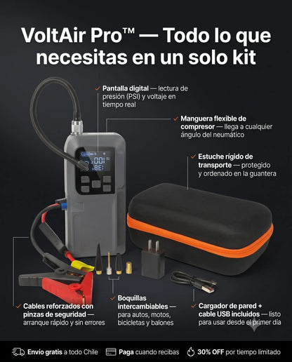 VoltAir Pro™ - 4 en 1 - Cargador, Compresor, Linterna y Batería Externa Integrada