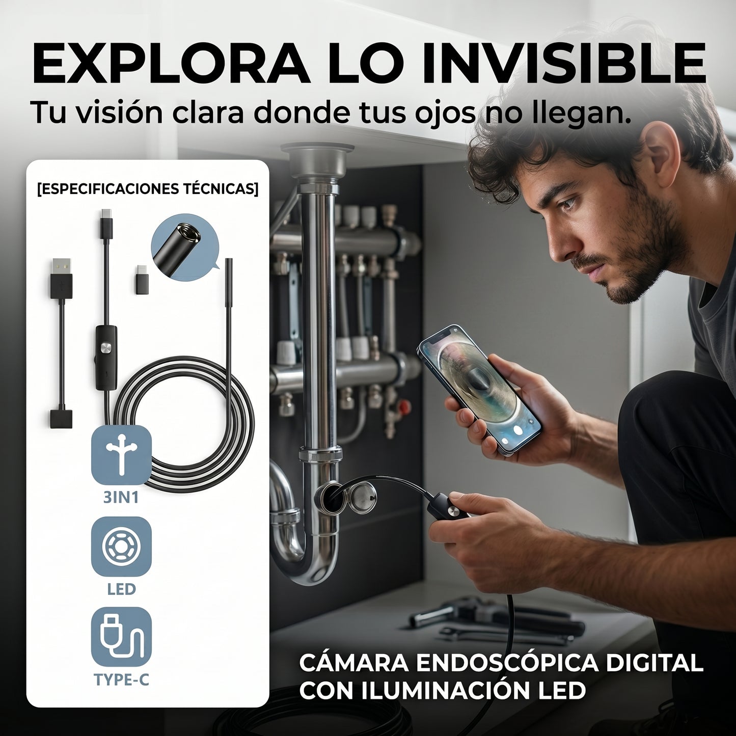 Cámara Endoscópica - Inspección Profunda - Ve Donde Tus Ojos No Llegan en Segundos